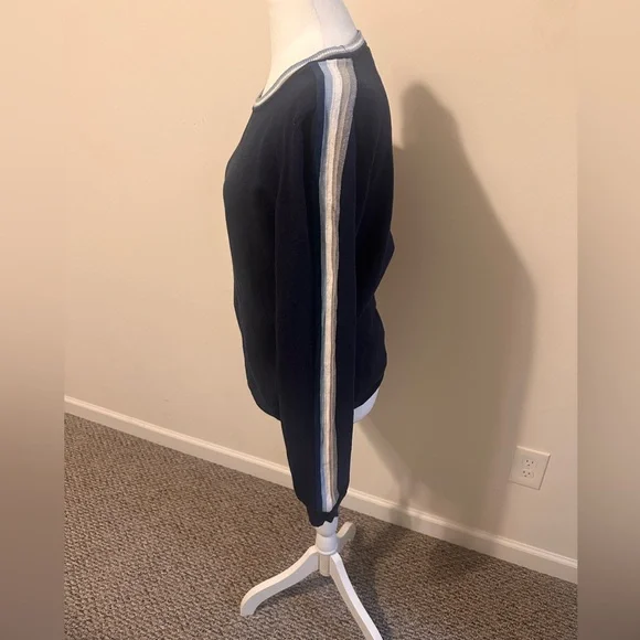 Faherty Surf Sweater Mist Stripe Organic Cotton Navy Blue Size Medium - Picture 3 of 7